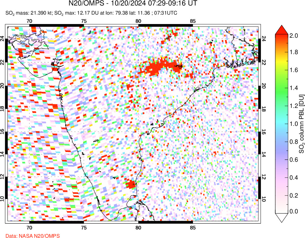 A sulfur dioxide image over India on Oct 20, 2024.