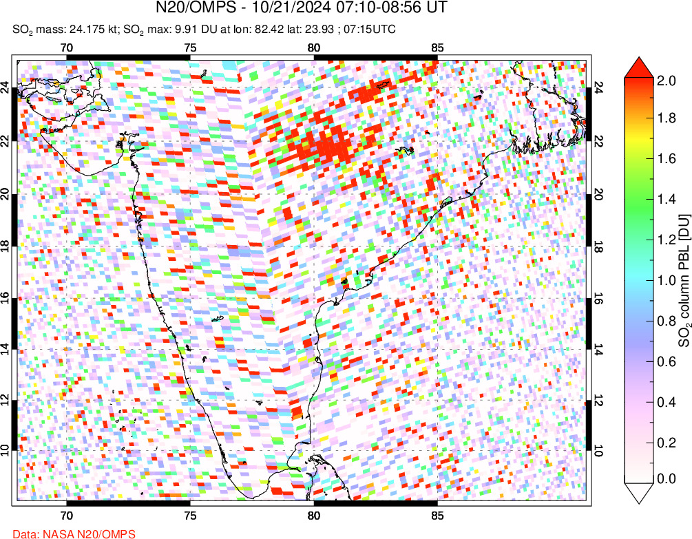 A sulfur dioxide image over India on Oct 21, 2024.