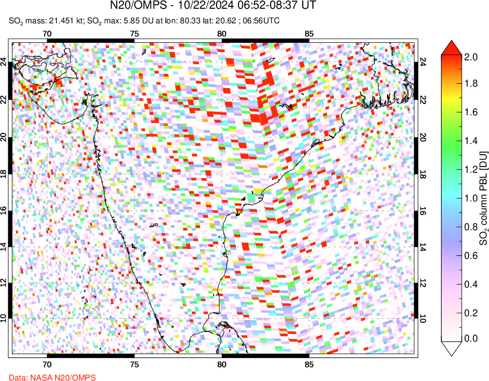 A sulfur dioxide image over India on Oct 22, 2024.