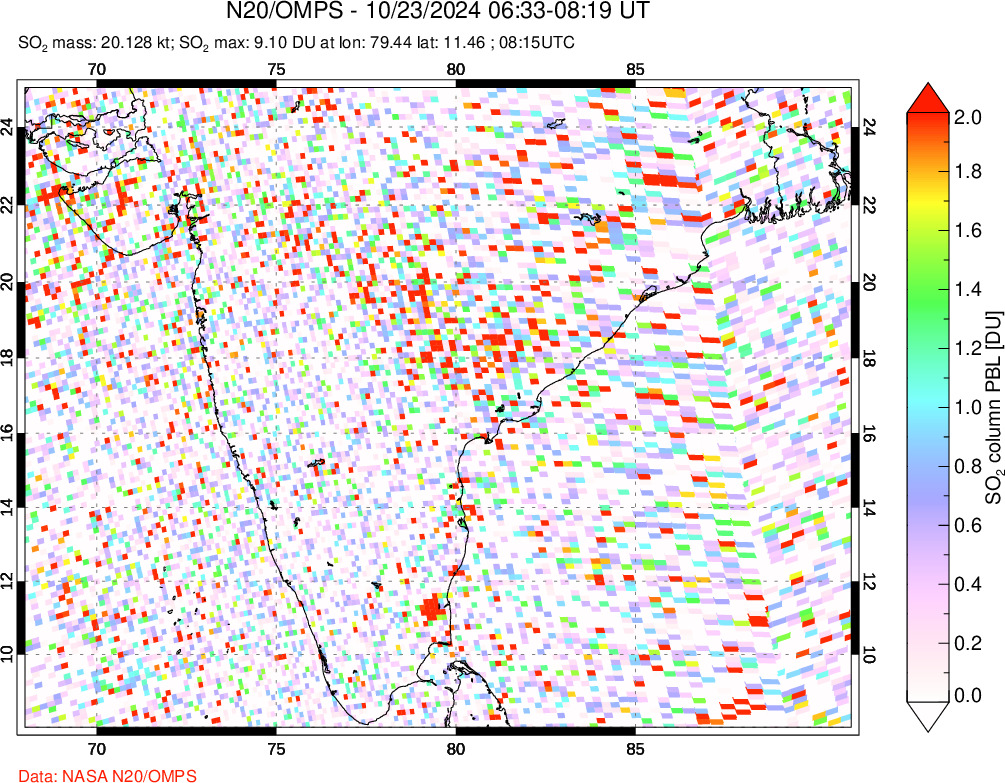 A sulfur dioxide image over India on Oct 23, 2024.