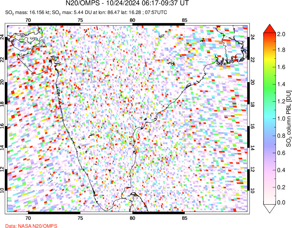 A sulfur dioxide image over India on Oct 24, 2024.