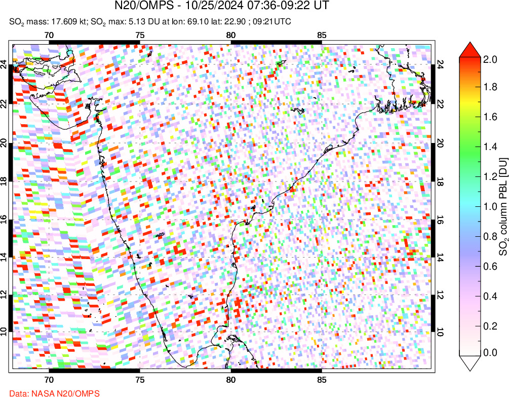 A sulfur dioxide image over India on Oct 25, 2024.