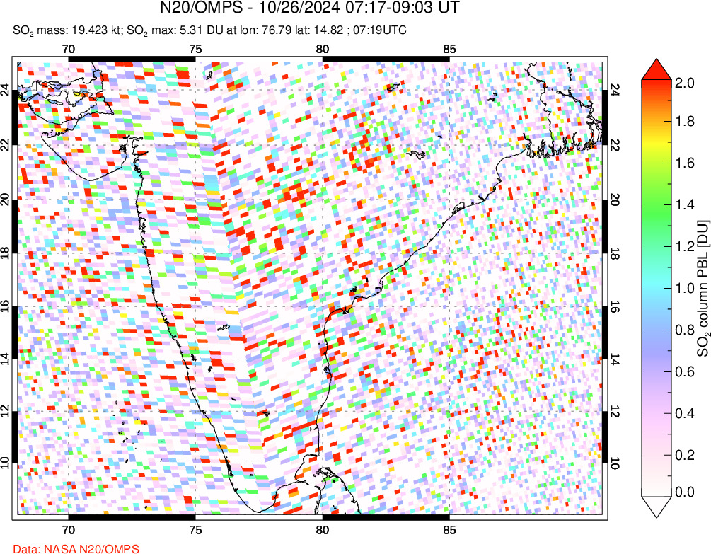 A sulfur dioxide image over India on Oct 26, 2024.