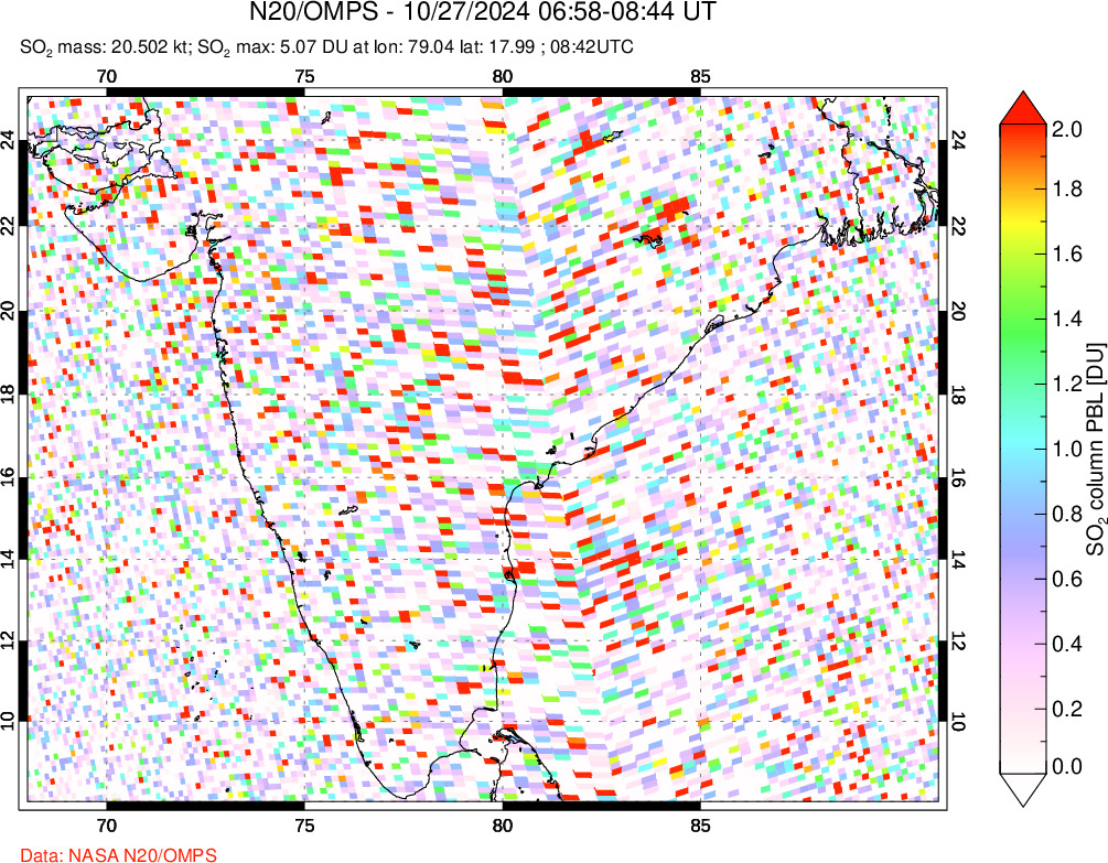 A sulfur dioxide image over India on Oct 27, 2024.