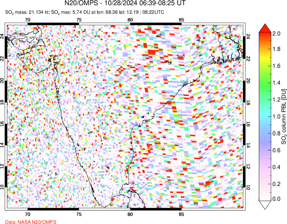 A sulfur dioxide image over India on Oct 28, 2024.