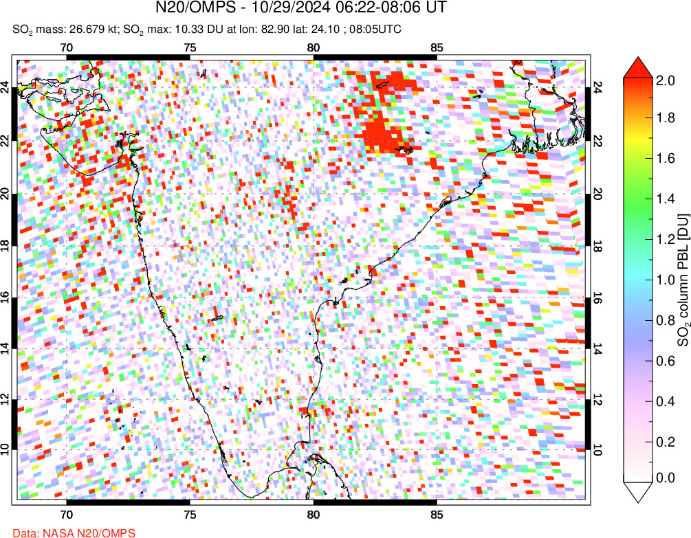 A sulfur dioxide image over India on Oct 29, 2024.