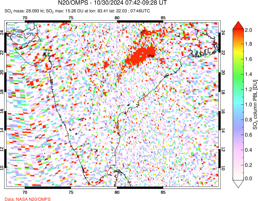 A sulfur dioxide image over India on Oct 30, 2024.