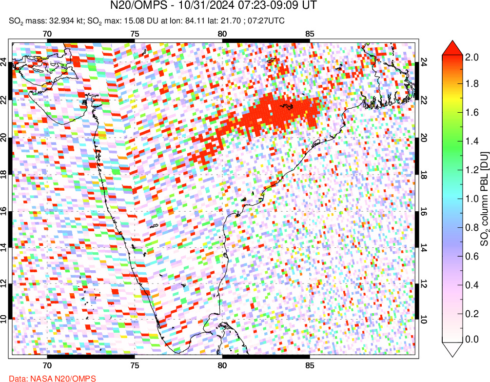 A sulfur dioxide image over India on Oct 31, 2024.