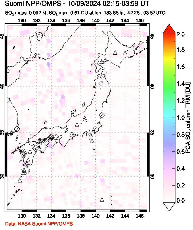 A sulfur dioxide image over Japan on Oct 09, 2024.