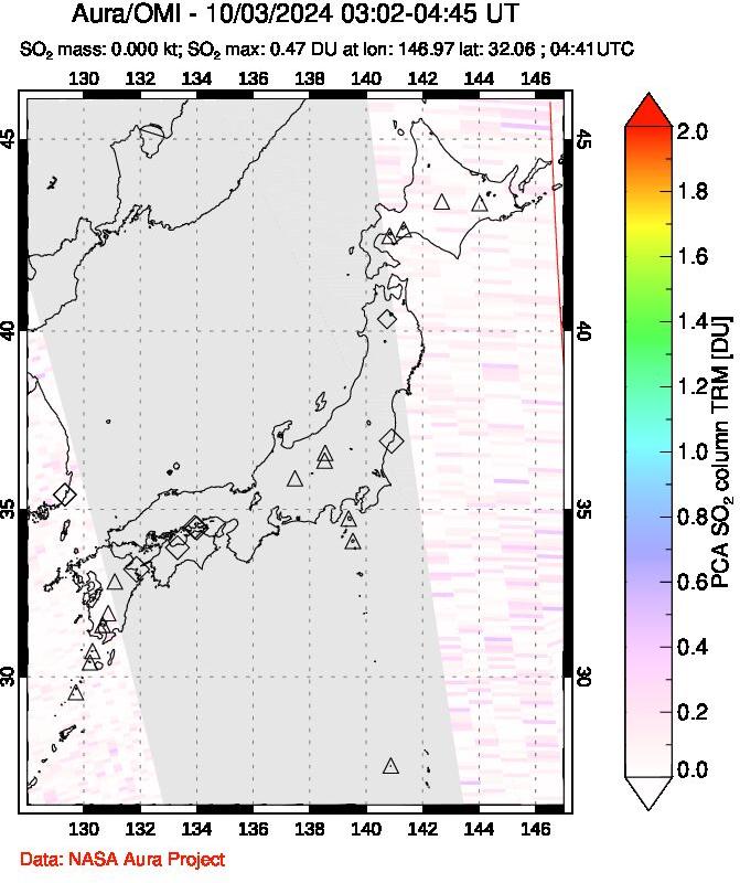 A sulfur dioxide image over Japan on Oct 03, 2024.