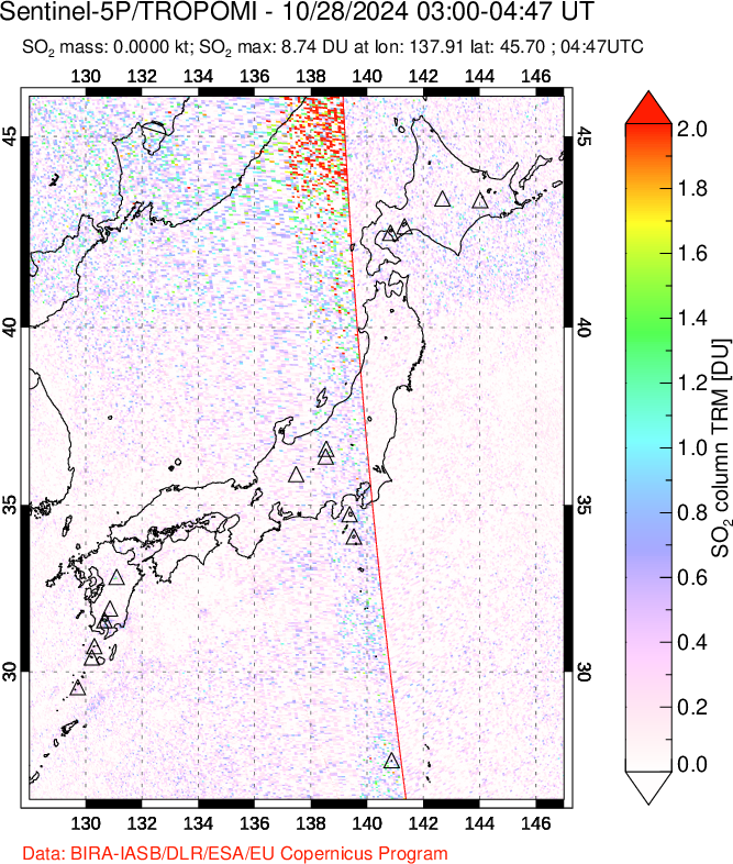 A sulfur dioxide image over Japan on Oct 28, 2024.