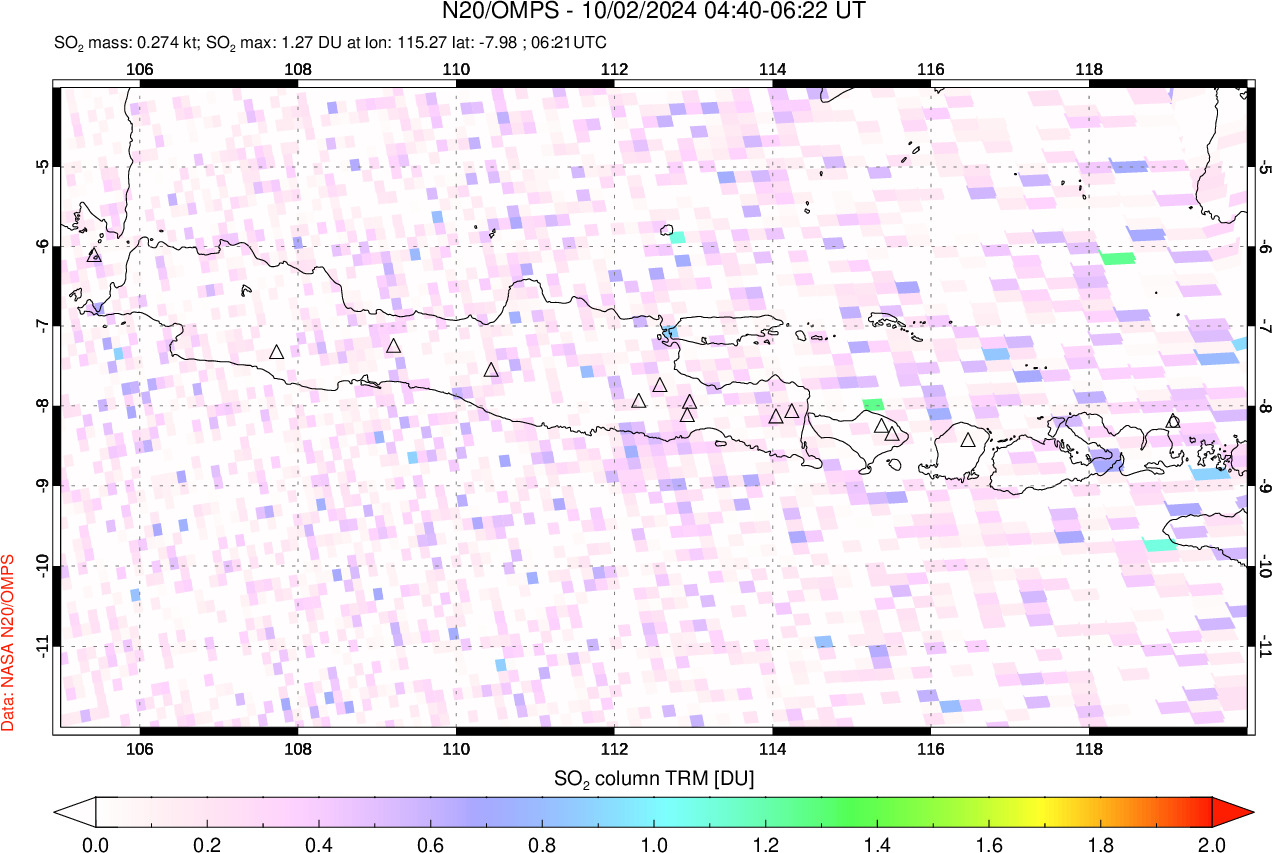 A sulfur dioxide image over Java, Indonesia on Oct 02, 2024.