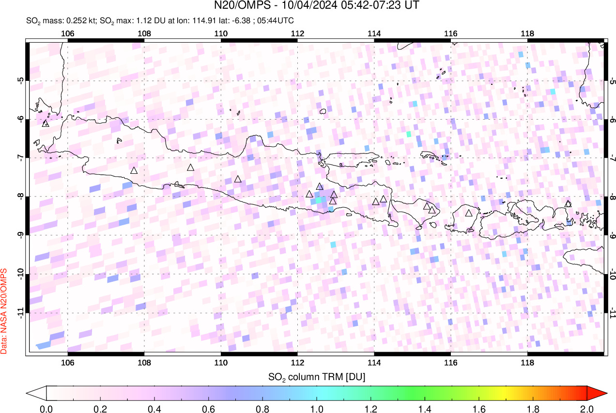 A sulfur dioxide image over Java, Indonesia on Oct 04, 2024.