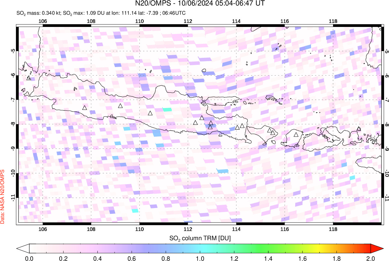 A sulfur dioxide image over Java, Indonesia on Oct 06, 2024.