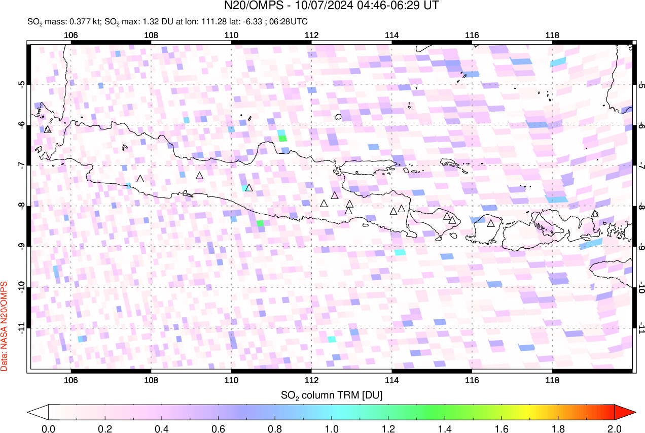 A sulfur dioxide image over Java, Indonesia on Oct 07, 2024.