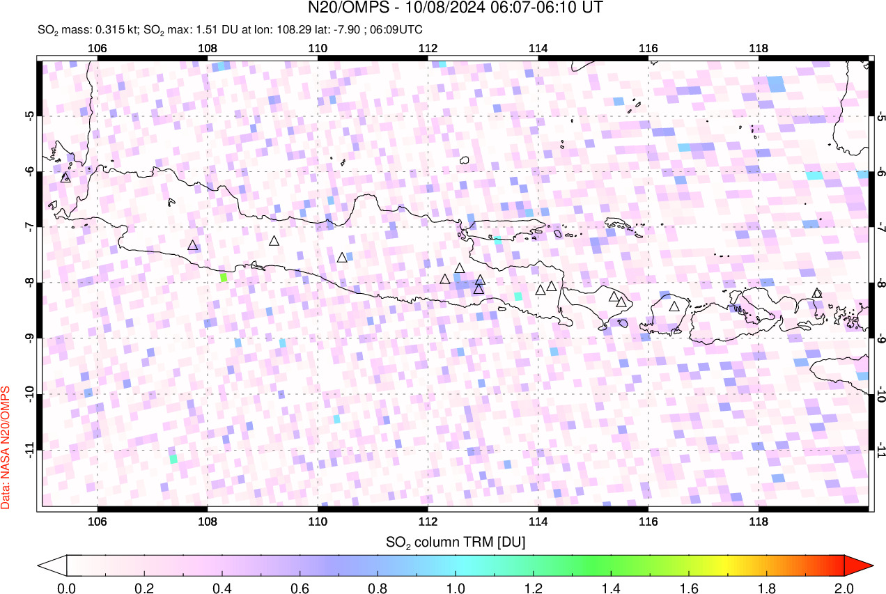 A sulfur dioxide image over Java, Indonesia on Oct 08, 2024.