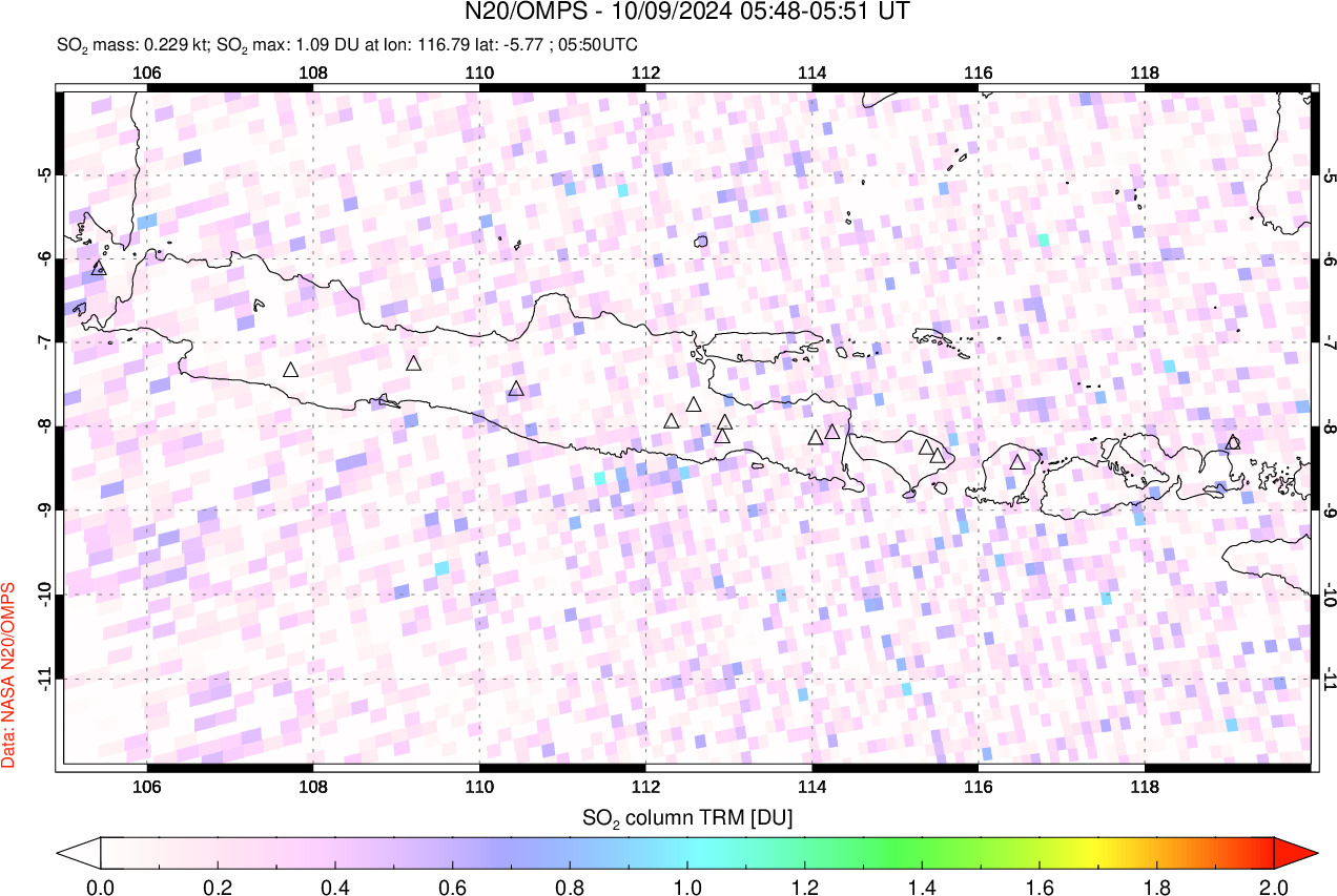 A sulfur dioxide image over Java, Indonesia on Oct 09, 2024.