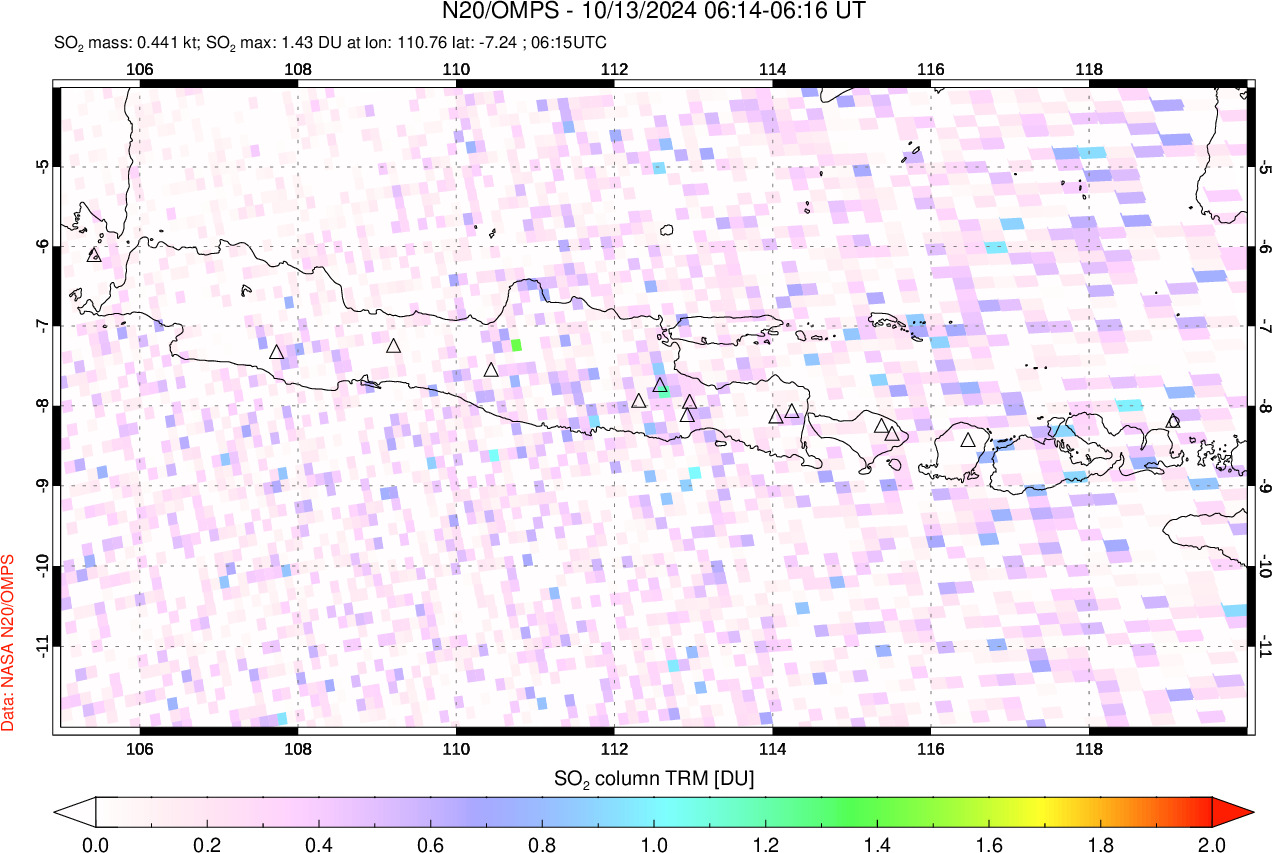 A sulfur dioxide image over Java, Indonesia on Oct 13, 2024.