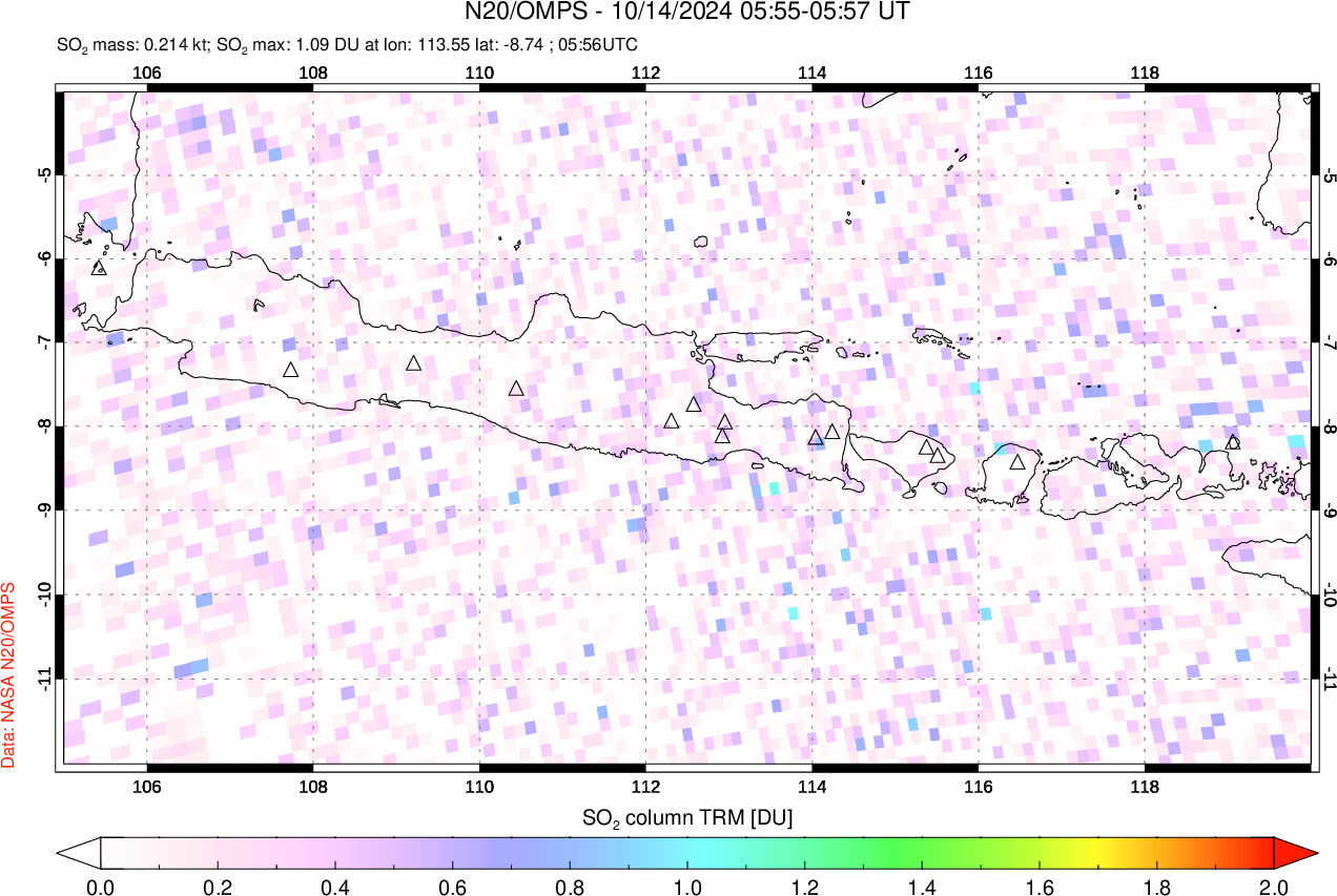 A sulfur dioxide image over Java, Indonesia on Oct 14, 2024.