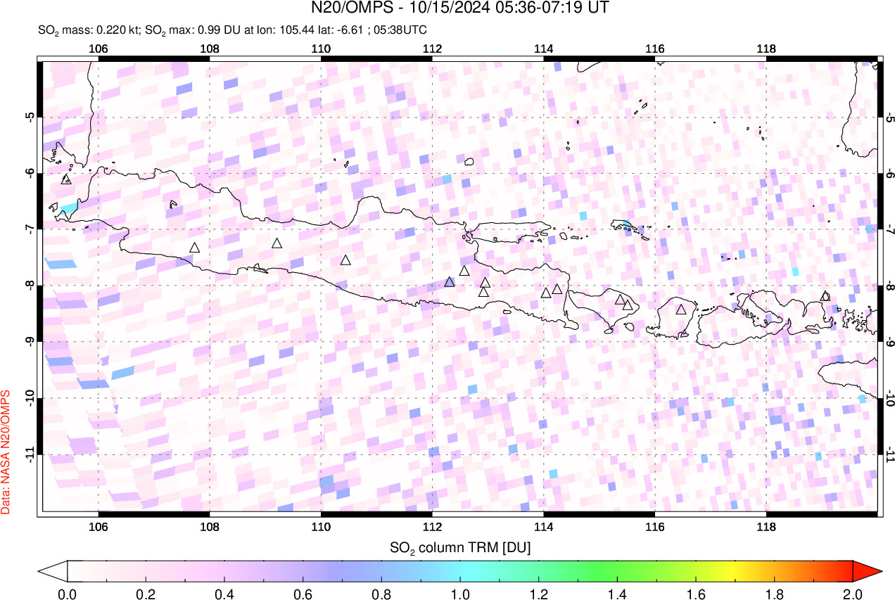 A sulfur dioxide image over Java, Indonesia on Oct 15, 2024.