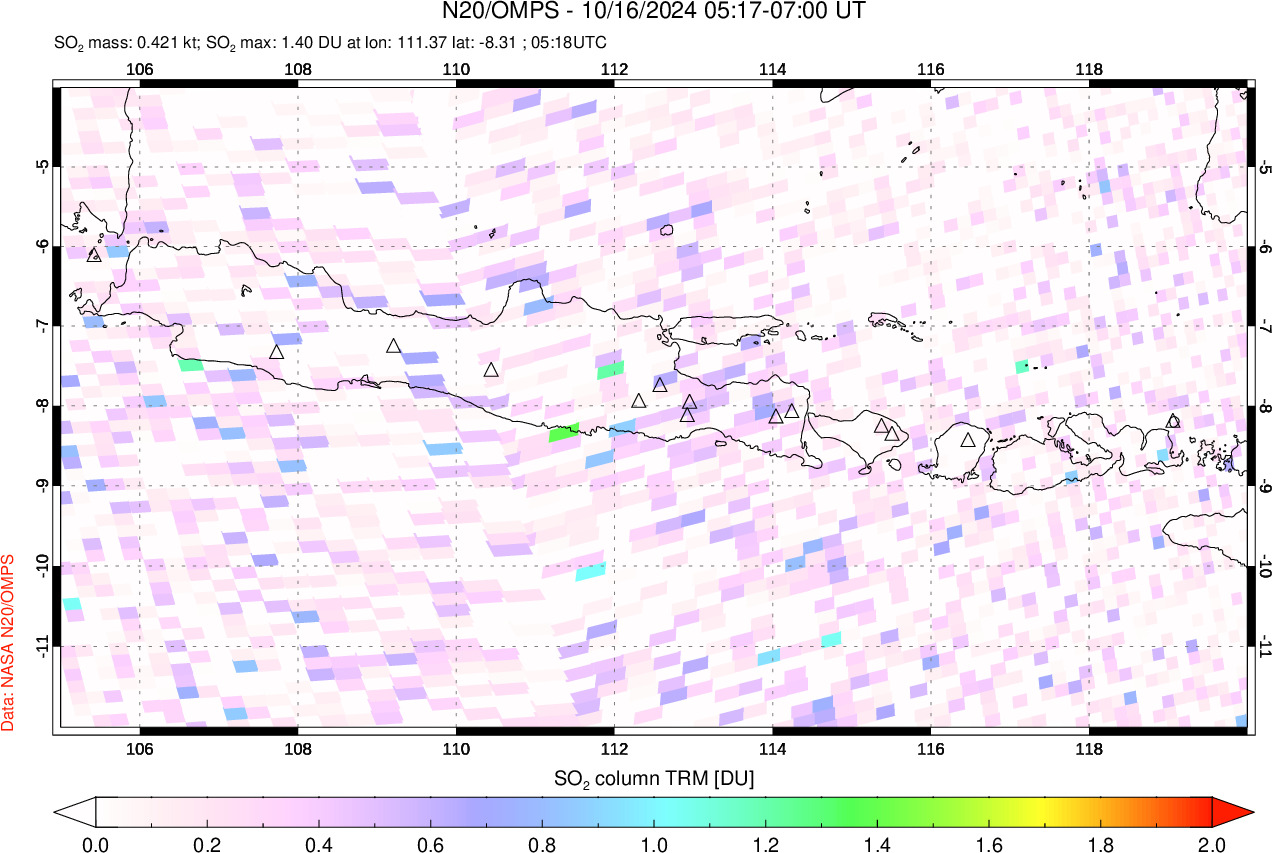 A sulfur dioxide image over Java, Indonesia on Oct 16, 2024.