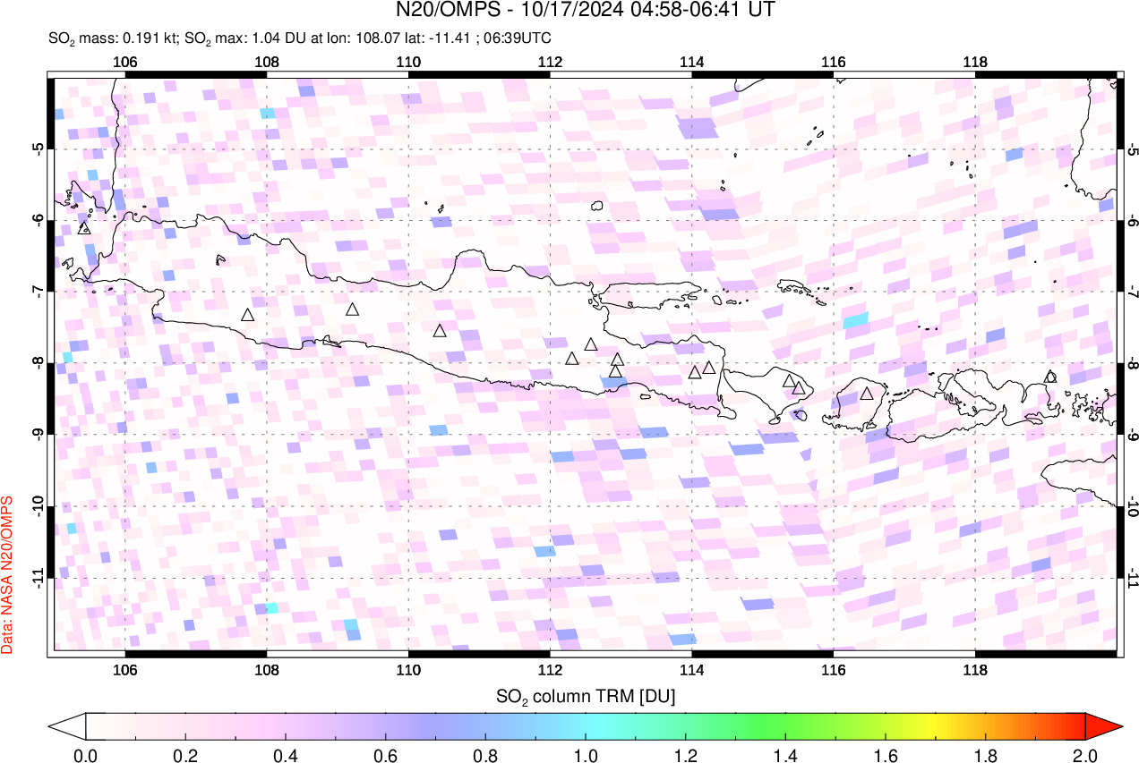 A sulfur dioxide image over Java, Indonesia on Oct 17, 2024.