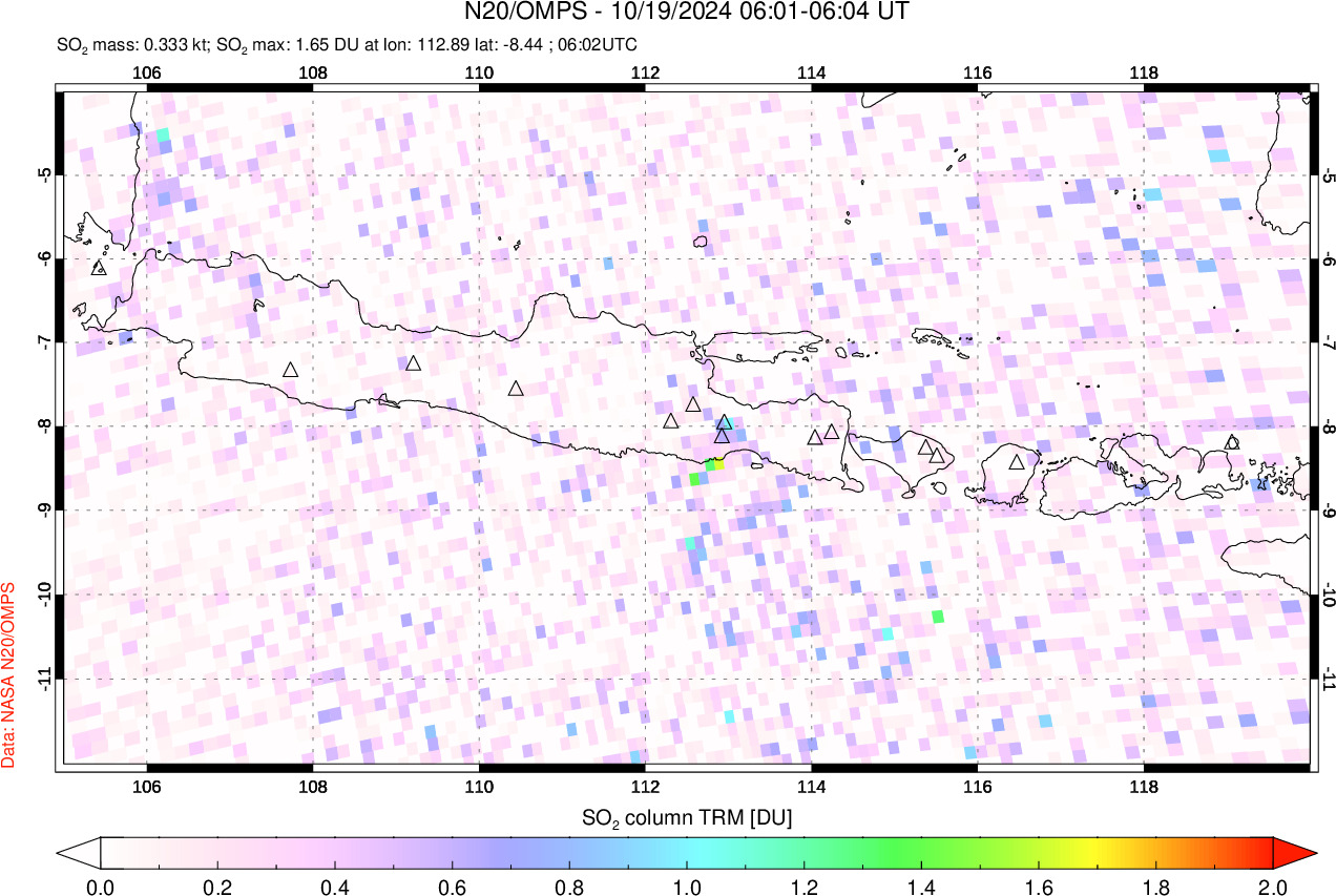 A sulfur dioxide image over Java, Indonesia on Oct 19, 2024.