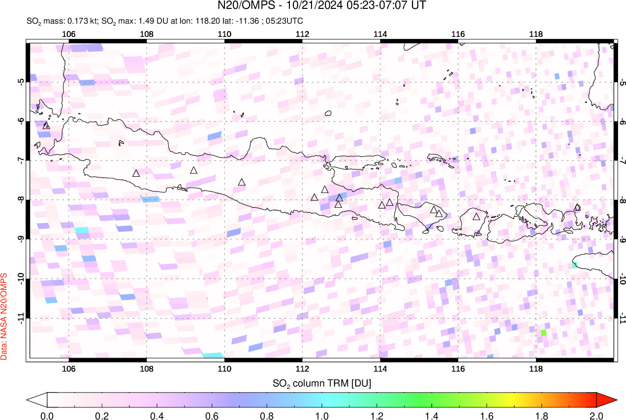 A sulfur dioxide image over Java, Indonesia on Oct 21, 2024.