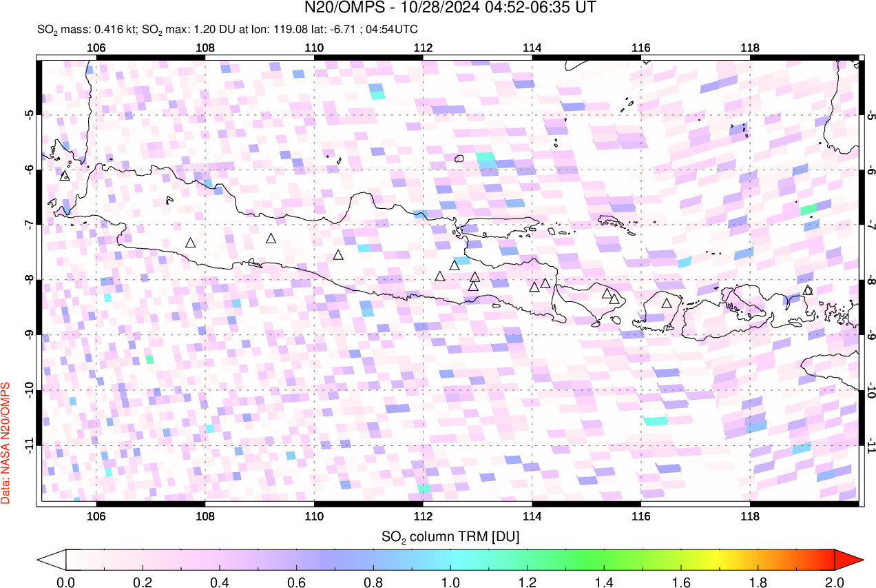 A sulfur dioxide image over Java, Indonesia on Oct 28, 2024.