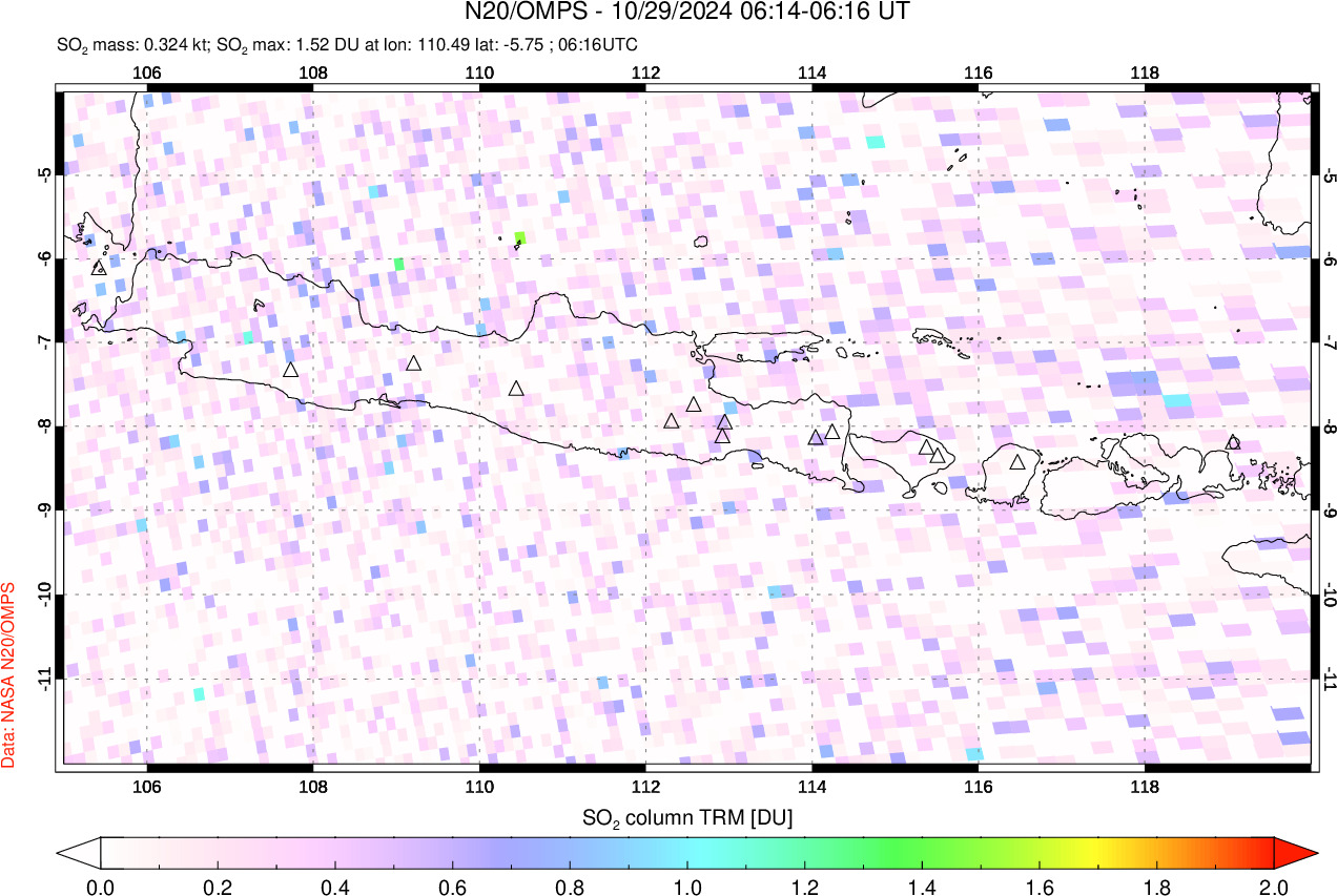 A sulfur dioxide image over Java, Indonesia on Oct 29, 2024.