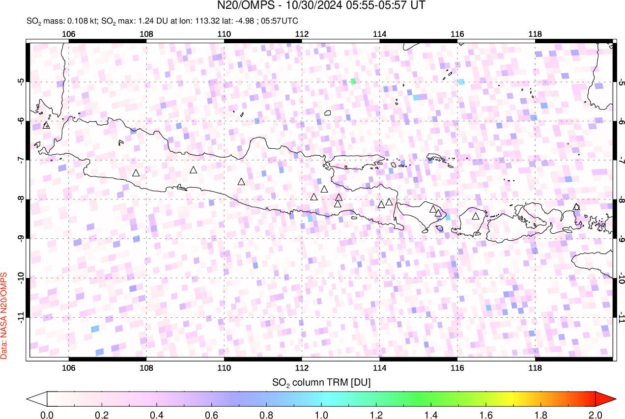 A sulfur dioxide image over Java, Indonesia on Oct 30, 2024.