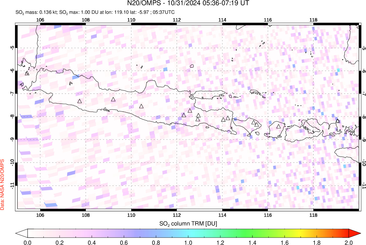 A sulfur dioxide image over Java, Indonesia on Oct 31, 2024.