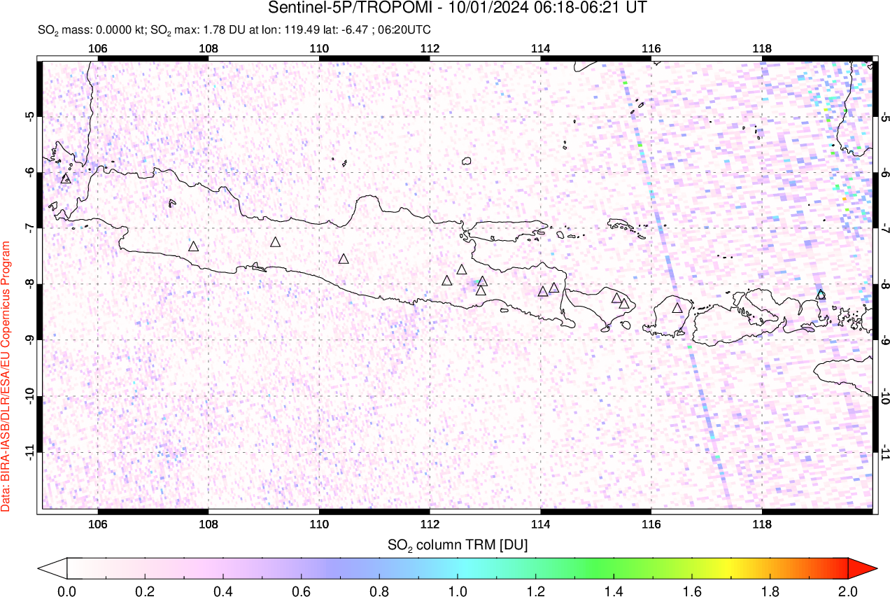 A sulfur dioxide image over Java, Indonesia on Oct 01, 2024.