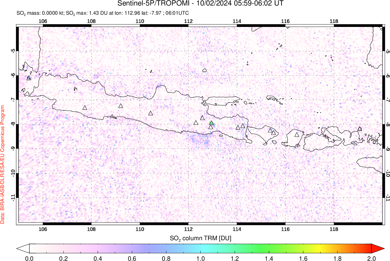 A sulfur dioxide image over Java, Indonesia on Oct 02, 2024.