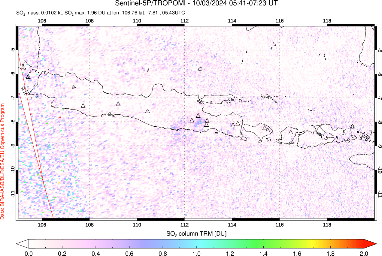 A sulfur dioxide image over Java, Indonesia on Oct 03, 2024.