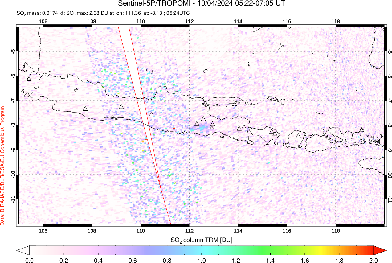 A sulfur dioxide image over Java, Indonesia on Oct 04, 2024.