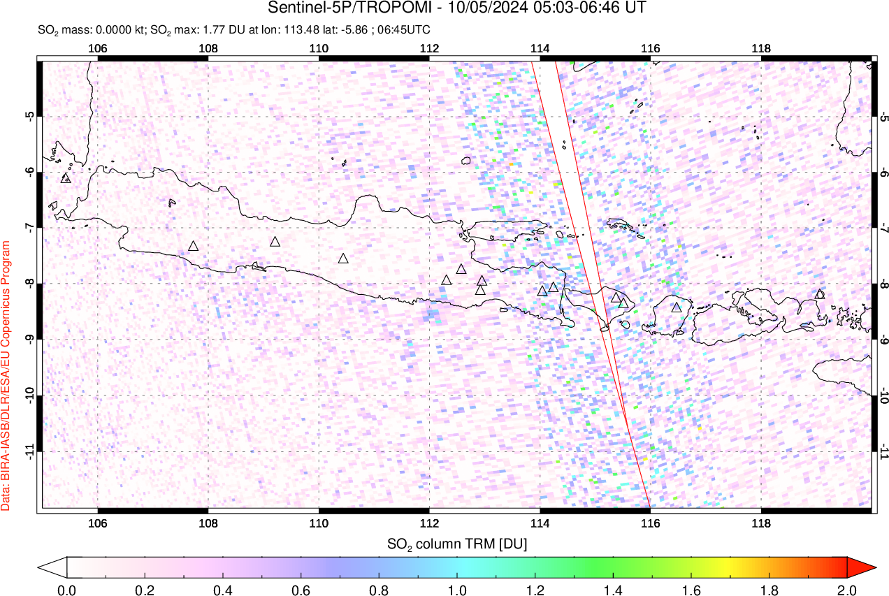 A sulfur dioxide image over Java, Indonesia on Oct 05, 2024.