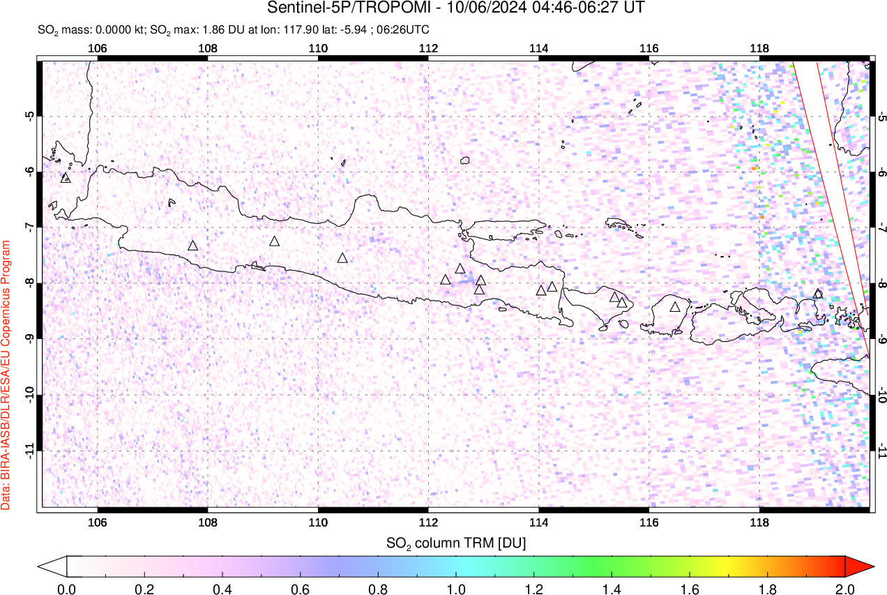 A sulfur dioxide image over Java, Indonesia on Oct 06, 2024.