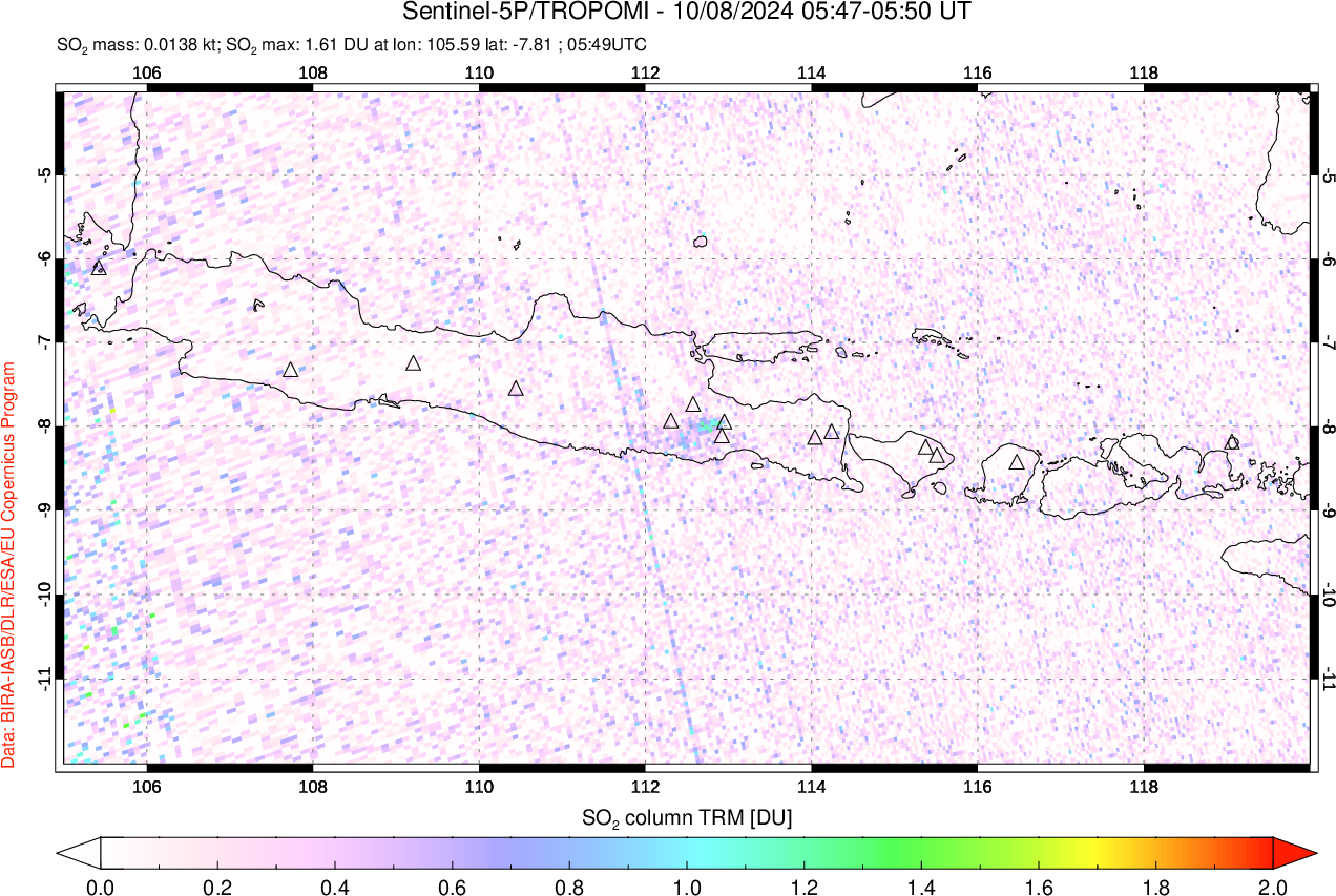 A sulfur dioxide image over Java, Indonesia on Oct 08, 2024.