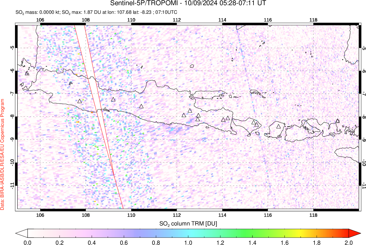 A sulfur dioxide image over Java, Indonesia on Oct 09, 2024.