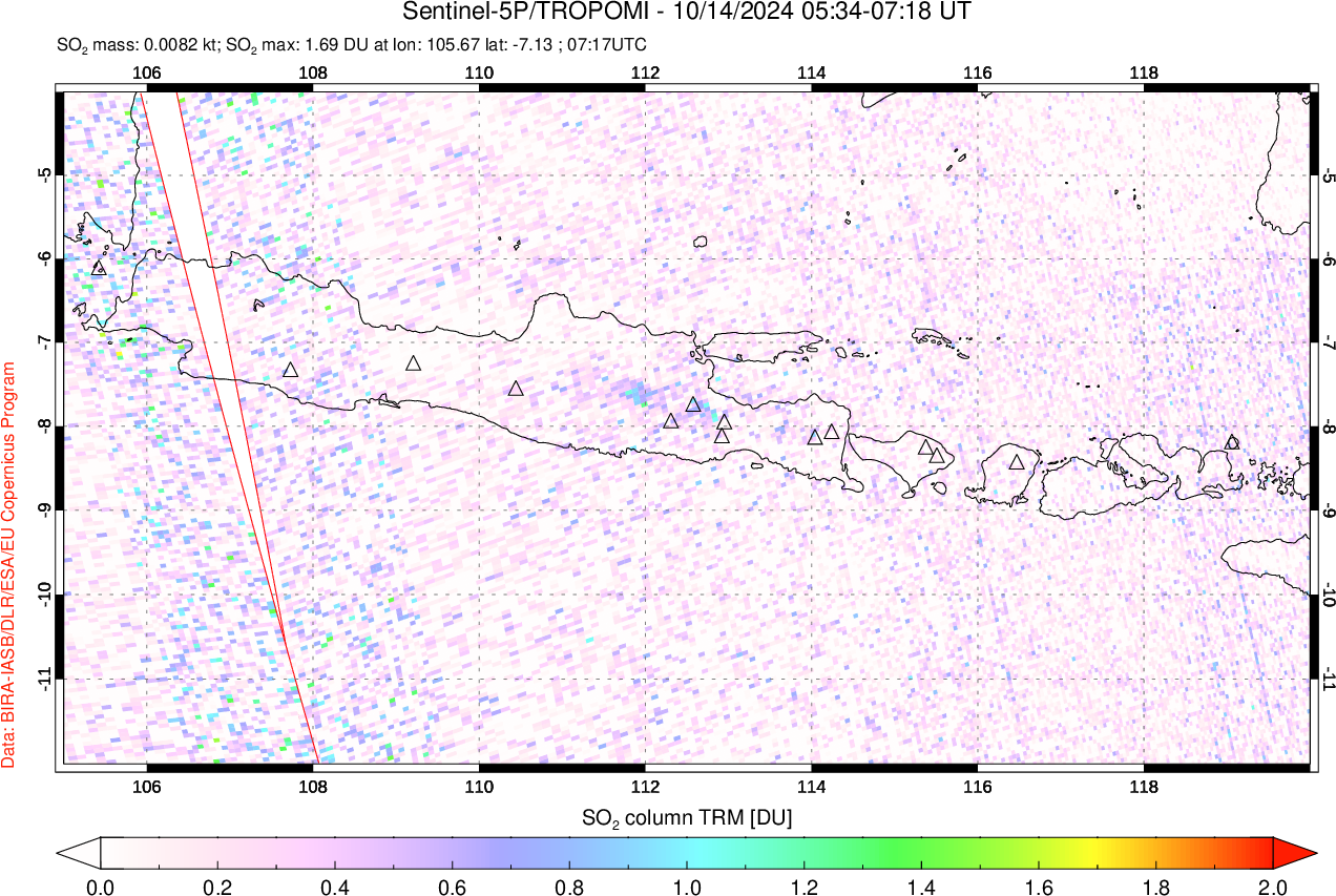 A sulfur dioxide image over Java, Indonesia on Oct 14, 2024.