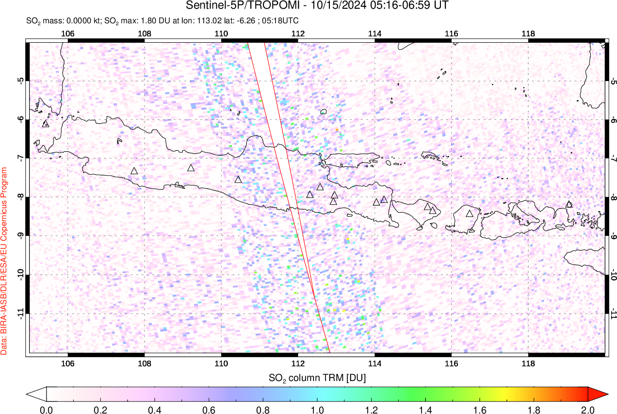 A sulfur dioxide image over Java, Indonesia on Oct 15, 2024.