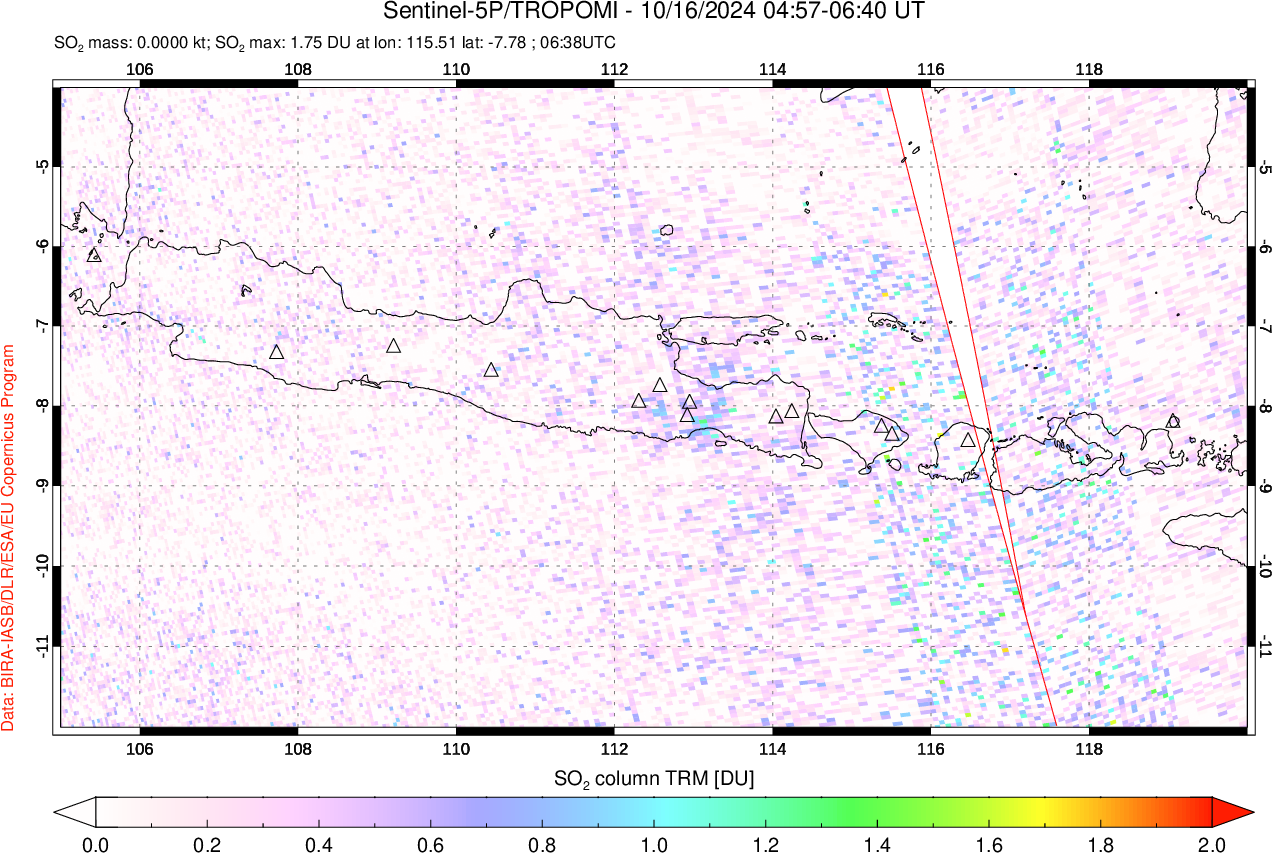 A sulfur dioxide image over Java, Indonesia on Oct 16, 2024.