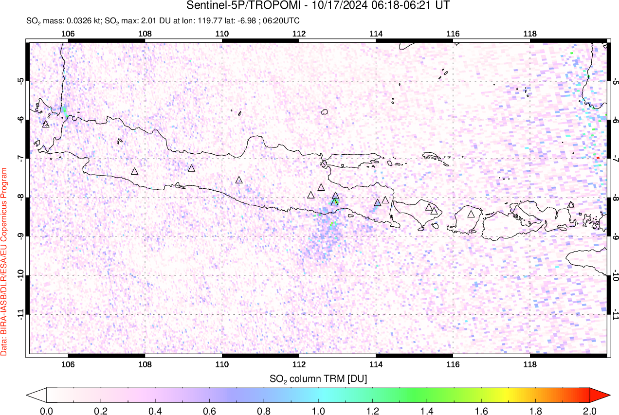 A sulfur dioxide image over Java, Indonesia on Oct 17, 2024.