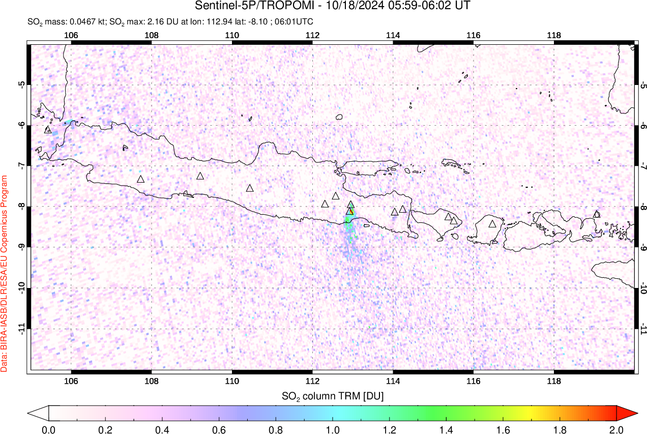 A sulfur dioxide image over Java, Indonesia on Oct 18, 2024.