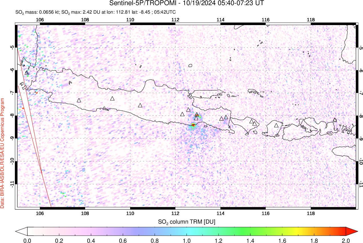 A sulfur dioxide image over Java, Indonesia on Oct 19, 2024.