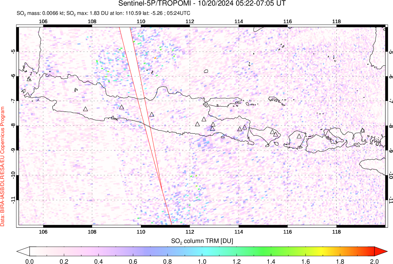 A sulfur dioxide image over Java, Indonesia on Oct 20, 2024.