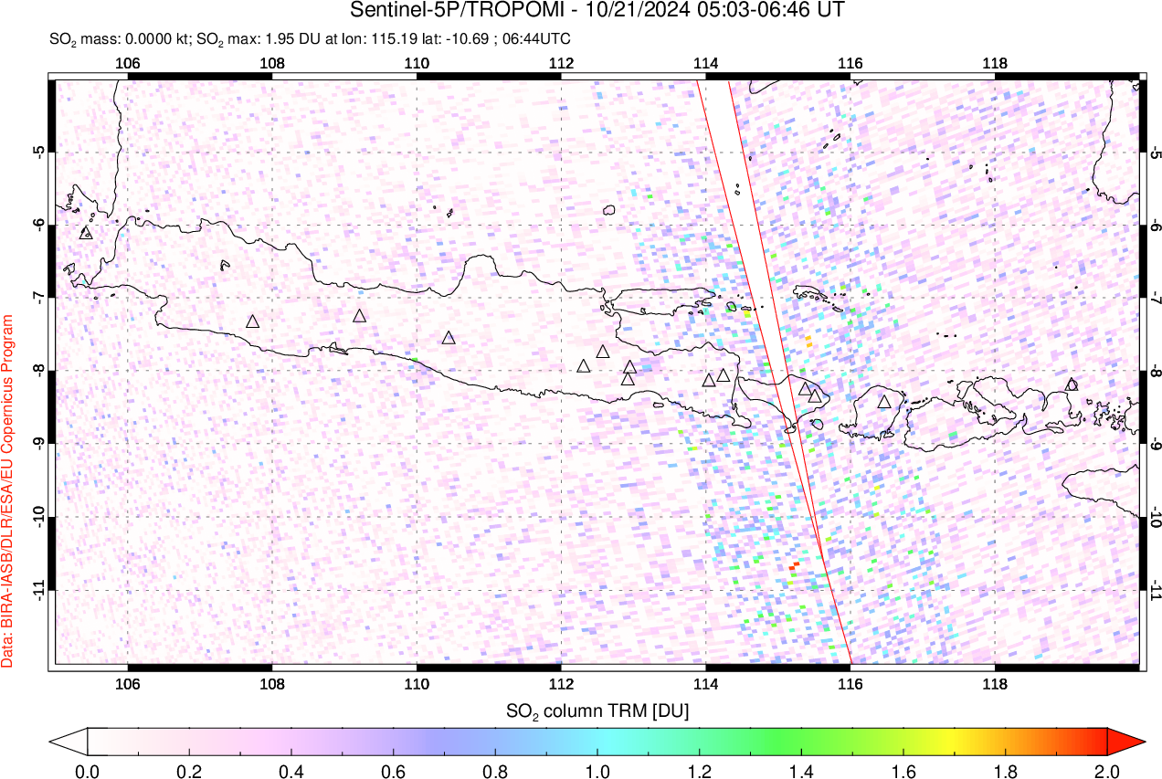 A sulfur dioxide image over Java, Indonesia on Oct 21, 2024.