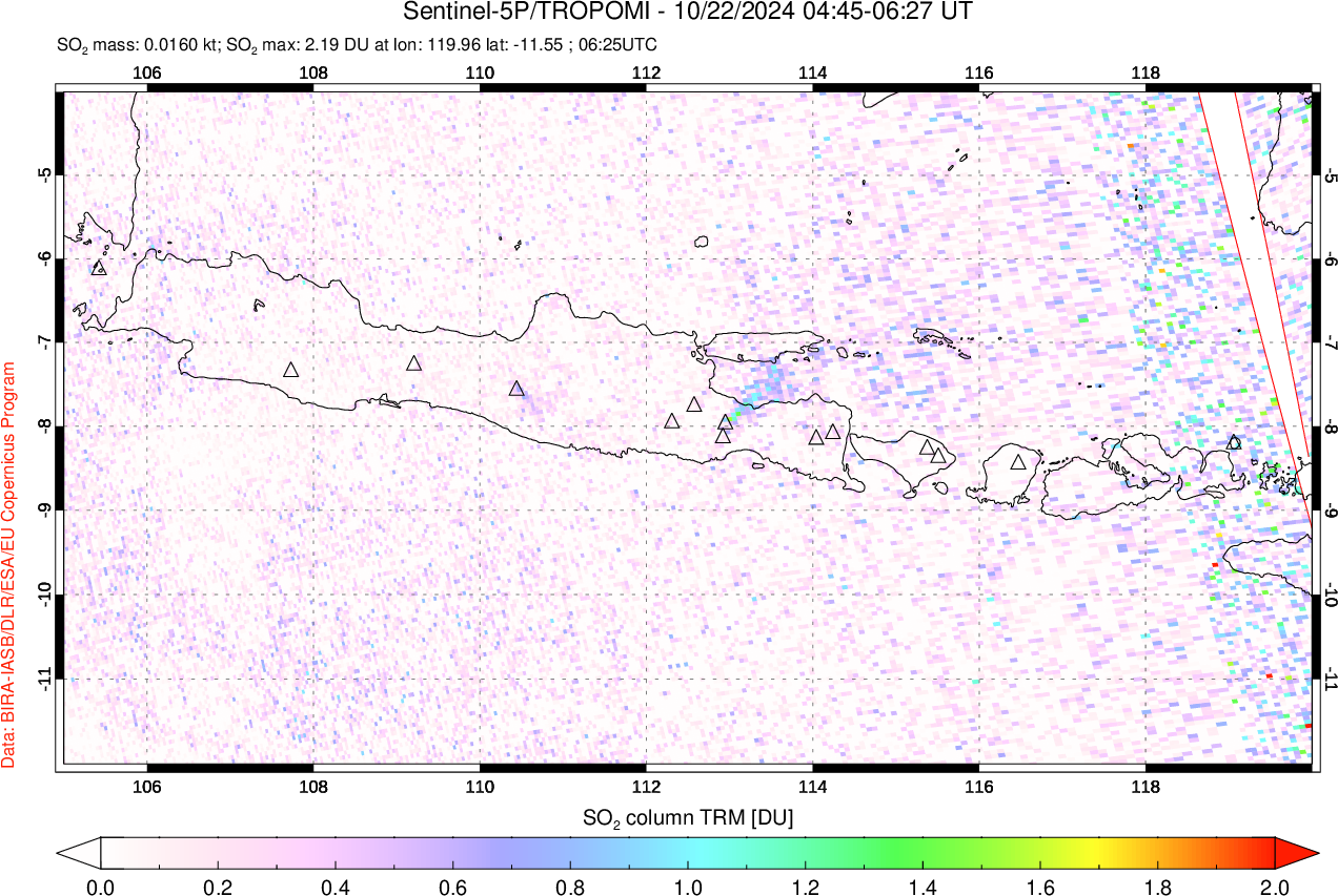 A sulfur dioxide image over Java, Indonesia on Oct 22, 2024.