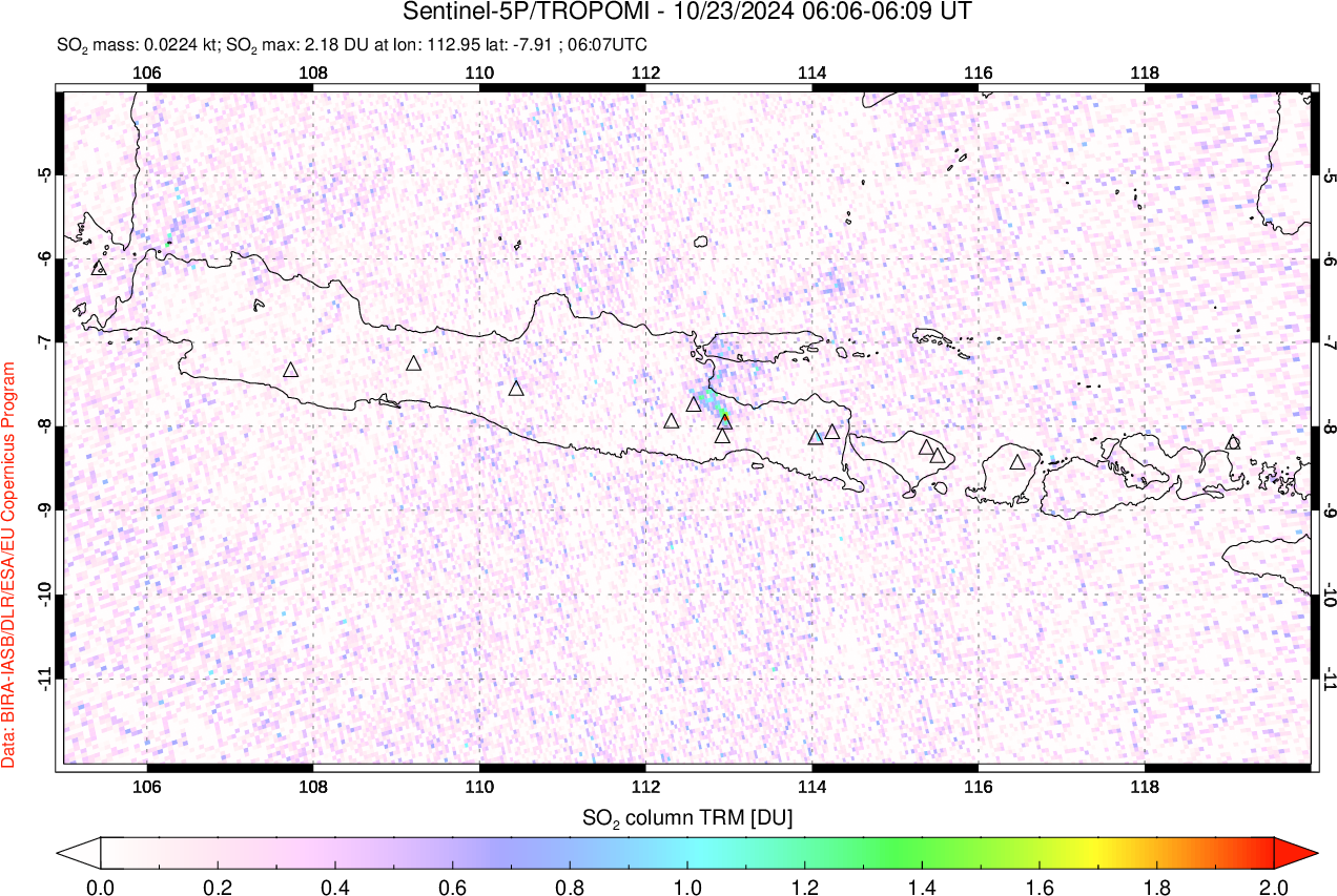 A sulfur dioxide image over Java, Indonesia on Oct 23, 2024.